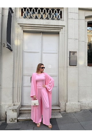 Bonacosa Kadın Viskon 3 Lü Takım Kimono + Beli Lastikli Salaş Pantolon + Kısa Kol Tshirt 8 Renk Pembe