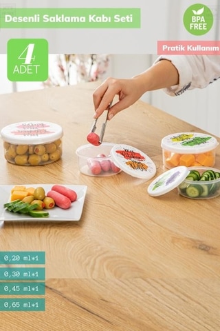 4 Lü Desenli Saklabı Kabı Seti Erzak Kabı Buzdolabı Kabı Yuvarlak Bpa Free Şeffaf