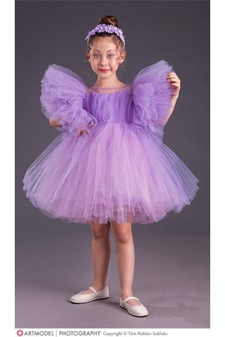 Kız Çocuk Tütü Etekli Kabarık Kollu Komotini Taçlı Abiye Elbise Mor 1662 Mor