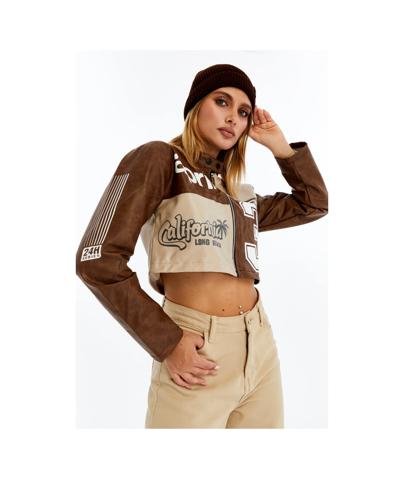 Kadın Crop Deri Ceket Renkli Baskılı Motorcu Stil Mont - Kısa Ceket Çok Renkli Mont - Hakim Yaka Kahverengi