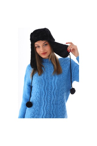 Kadın Siyah Kürklü Kulaklıklı Peluş Şapka Siyah