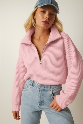 Cloudy Kids Kadın Oversize Fermuarlı Crop Triko Kazak Günlük Kullanım Mevsimlik Pembe - 607293446 Pembe