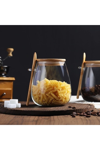 Tombul 3lü Borosilikat Cam Bambu Kapaklı Kavanoz Baharatlık Seti 600 Ml Şeffaf
