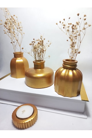 Modern Minimal Vazo Set 3'lü, Ev & Ofis Hediyelik, Dekoratif Obje, Gold