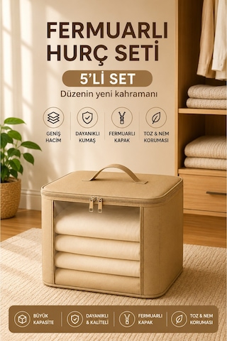 5'li Set Şeffaf Kapaklı Hurç 28x32x15 Cm Orta Boy Dolap İçi Kıyafet Ve Havlu Düzenleyici Altın