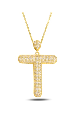Brezza Lusso Jewelry 18k Serie Oro T Harfi Kadın Gümüş Kolye 50 CM 50 CM