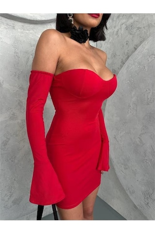 Dip Moda Kadın Kırmızı Volanlı Mini Kol Fırfırlı Elbise Dpnbdf094 Kırmızı