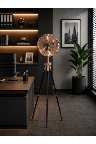 Gold Metal Ayaklı Dekoratif Salon Saati 110 Cm 40 Cm Çaplı Tripod Tasarımlı Retro Lüks Yer Saati