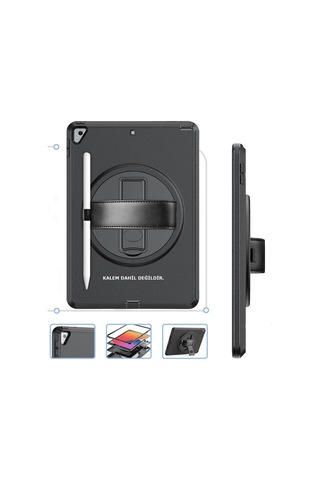 Apple İpad  Uyumlu- 10.2 7.nesil Kılıf Hand Strap Tablet Kılıfı - Siyah Arka Kapak