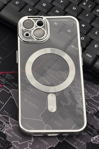 Apple Uyumlu iPhone 14 Magsafe Özellikli Gümüş Gri Silver Renkli Kenarlı Lazerli Şeffaf Kılıf Lens Korumalı