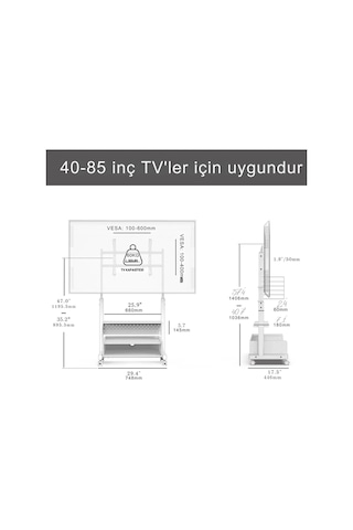 Fitueyes Tekerlekli Mobil Tv Sehpası, 40-85 Inç Ekranlar Için Ayarlanabilir Yükseklik Ve Raflı Tv Standı Çok Renkli