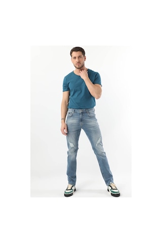 Erkek Dizi Yırtık Regular Fit Jean Pantolon Mavi 001