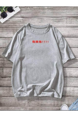 Erkek Gri Oversize Japanese Dinazor Baskılı T-shirt Gri-45748