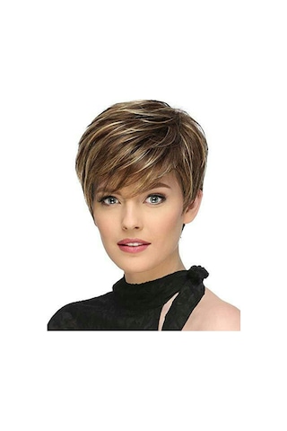Cbtx Wıg-305 Kadın Yüksek Sıcaklık İpek Peruk Eğik Kısa Saç Fiberbaşlık Kahverengi + Açık Altın
