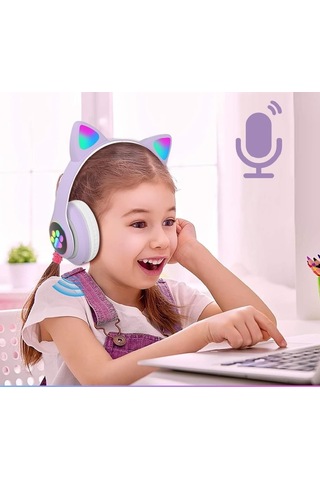 H10 Cat Kedili Led Işıklı Kafaüstü Bluetooth Kulaklık Lila Mor