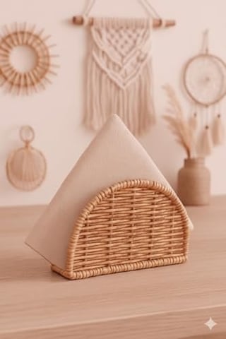 Boho El Yapımı Rattan Peçetelik - Masa Üstü Ve Mutfak İçin Doğal Hasır Peçete Tutucu, Bohem Ev Dekoru, Yarım Ay Tasarım Dikey Peçete Standı -