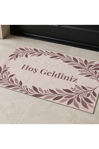 Kartela Halı Hoş Geldiniz Yazılı Yaprak Desenli Kapı Paspası Gül Kurusu Kaymaz Kauçuk Taban 50x75 Cm