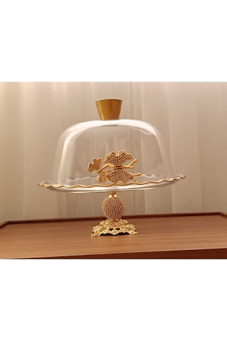 Elta Collection Gold Metal Ayaklı Cam Kapaklı Kek - Pasta Stantı Fanus Taşlı