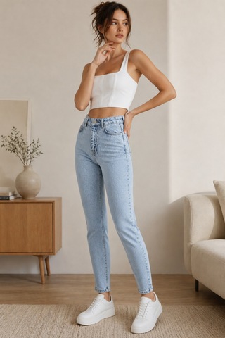 Woddi Kadın Jeans Buz Mavi Kar Yıkama Mom Jeans Yüksek Bel Denim Kot Pantolon Taş