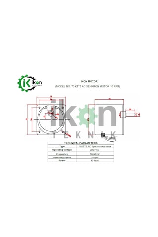 İkon Teknik AC SENKRON MOTOR 70 KTYZ 40 Watt 10 RPM 220 Volt