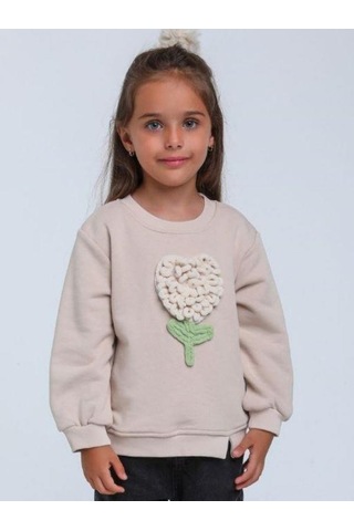 Kız Bebek Örgü Çiçek Detaylı Sweathirt-14304 Bej