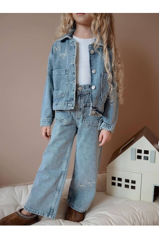 Miniko Kids Kız Çocuk Bayramlık Kot Ceketli Badili Pantolonlu 3lü Takım Mavi