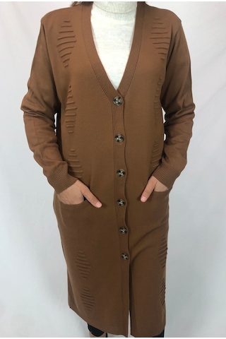 Düğmeli Triko Hırka Taba