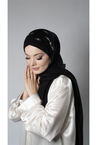 Siyah Pratik Hazır Geçmeli Tesettür Şal Örme Kumaş Taşlı Çiçek Desenli 2118c 01