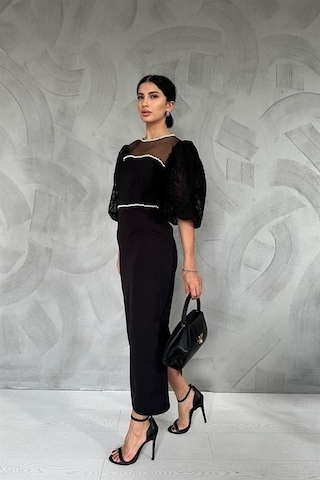 Elbee Fashion Woman Kolları Dantelli İnci Detaylı Elbise - Siyah-beyaz-7430 Siyah