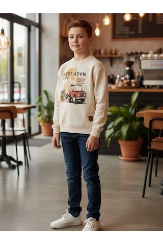Zekids Erkek Çocuk Pamuklu Best Advn Yazılı İnce Uzun Kollu T-shirt-16342 KREM
