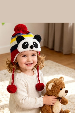 Bay Şapkacı - Sevimli Panda Tasarımlı Unisex Çocuk Kışlık Bere - 5900 Kırmızı