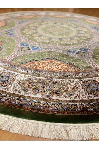 Klasik Yıldız Desenli 300 X 300 Yuvarlak İpek Halı Yeşil