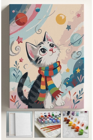 Sayılarla Boyama Çerçeveli Hobi Seti Numaralı Tuval Fırça Boya Dahil Kasnaklı Kış Ve Kedi 40x50 Cm