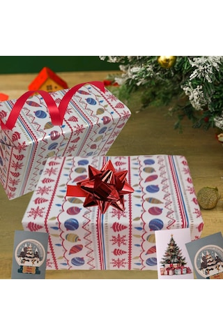 İtalyan Hediye Paketleme Kağıdı, Kar, Çam, Küre Desenli Ambalaj K