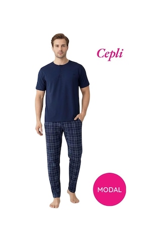 Guava Erkek Modal 3 Düğmeli Ekose Desen Pamuk Likra Kısa Kol Cepli Pijama Takımı Mavi
