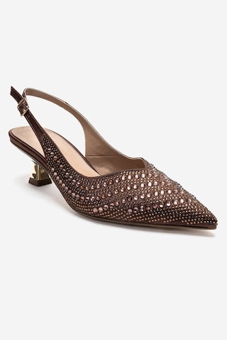 Luvishoes Royale Kahverengi Saten Taşlı Kadın Kısa Topuklu Abiye Ayakkabı