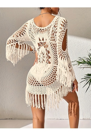 Şık Uzun Kollu Bohem Saçaklı Dekolteli Plaj Elbisesi Siyah