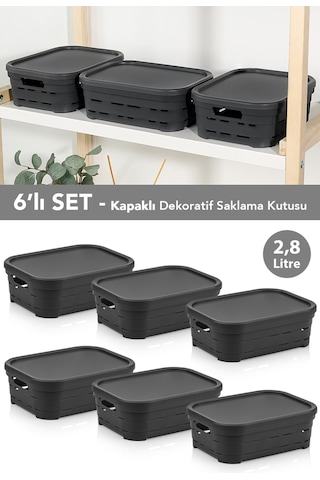 6'lı Kapaklı Delikli Dekoratif Piramit Saklama Kutusu - Dolap Düzenleyici Organizer 2,8 Lt Antrasit Antrasit