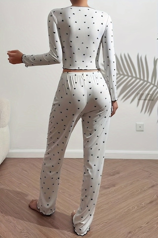 Merry See Kalp Baskılı Uzun Kollu Pijama Takımı Beyaz