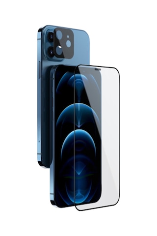 Apple Uyumlu iPhone 12 Mini 2In1 Full Glue Tempered Cam Ekran Koruyucu Siyah (500283146)