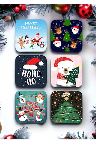 Mutlu Yıllar - Yılbaşı - Yeni Yıl - Merry Christmas Temalı Ahşap Bardak Altlığı Seti 6 Adet-001 Ahşap