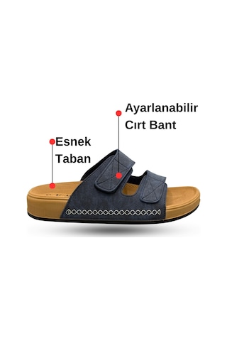 Sermoda Erkek Terlik - Cırtlı Bantlı Rahat Kalın Tabanlı Deri Erkek Terlik Lacivert