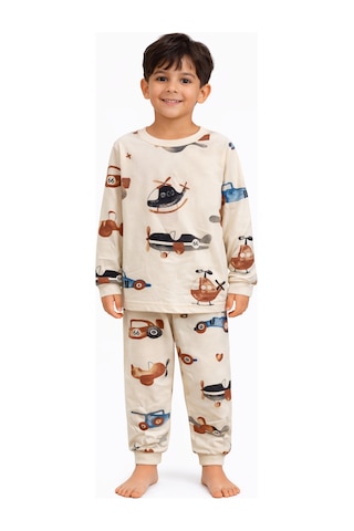 Mini Stella Kids Uçak Desenli Erkek Çocuk Pijama Takımı Bej