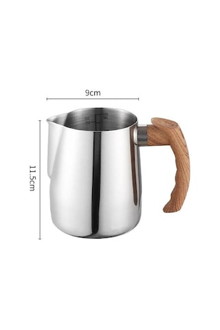 Novahub 600/1000ml Gümüş Paslanmaz Çelik Latte Kahve Fincanı Süt Köpürtme Sürahi Ahşap Saplı Damlamasız