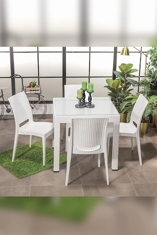 Mobetto Rattan Small Camlı Beyaz Masa Takımı Bahçe& Balkon 1 Camlı Masa + 4 Sandalye Genel