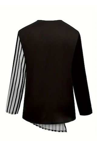 Kadın Bisiklet Yaka Düğmeli Çizgi Desenli Uzun Kollu Keten Bluz Siyah