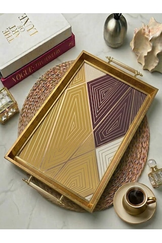Modern Geometrik Desenli Gold Çerceveli Kulplu Dekoratif Sunum Tepsisi Modern Geometrik Desenli Gold Çerceveli Kulplu Dekoratif Sunum Tepsisi