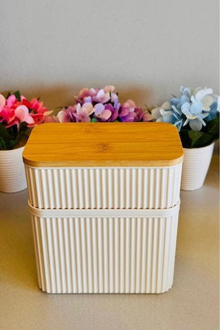 Makri Home İkili Bambu Kapaklı Dikdörtgen Saklama Ve Beslenme Kutusu, 0,5 Litre Ve 1 Litre Hacminde 2 Adet Kutu Krem