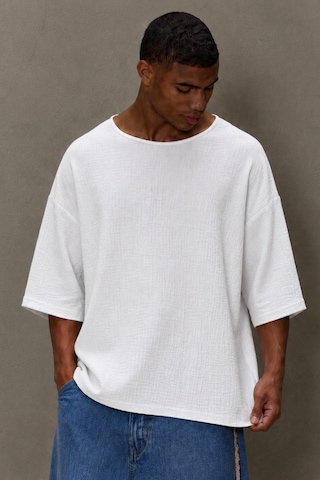 Tarz Cool Erkek Oversize Keten Görünümlü Basic Tişört Salaş Kesim Bisiklet Yaka Günlük Streetwear T-shirt Beyaz