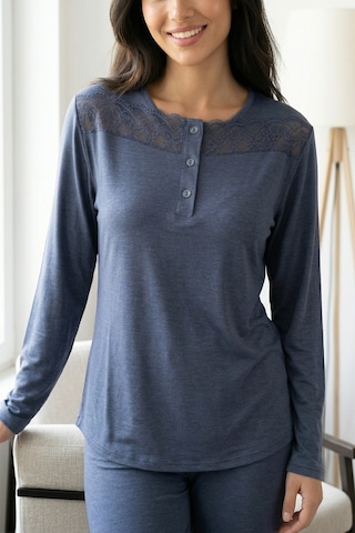 Aura Collections Kadın Dantelli Bambu Viskon Uzun Kollu Mevsimlik Soft Örme Pijama Takımı Lacivert